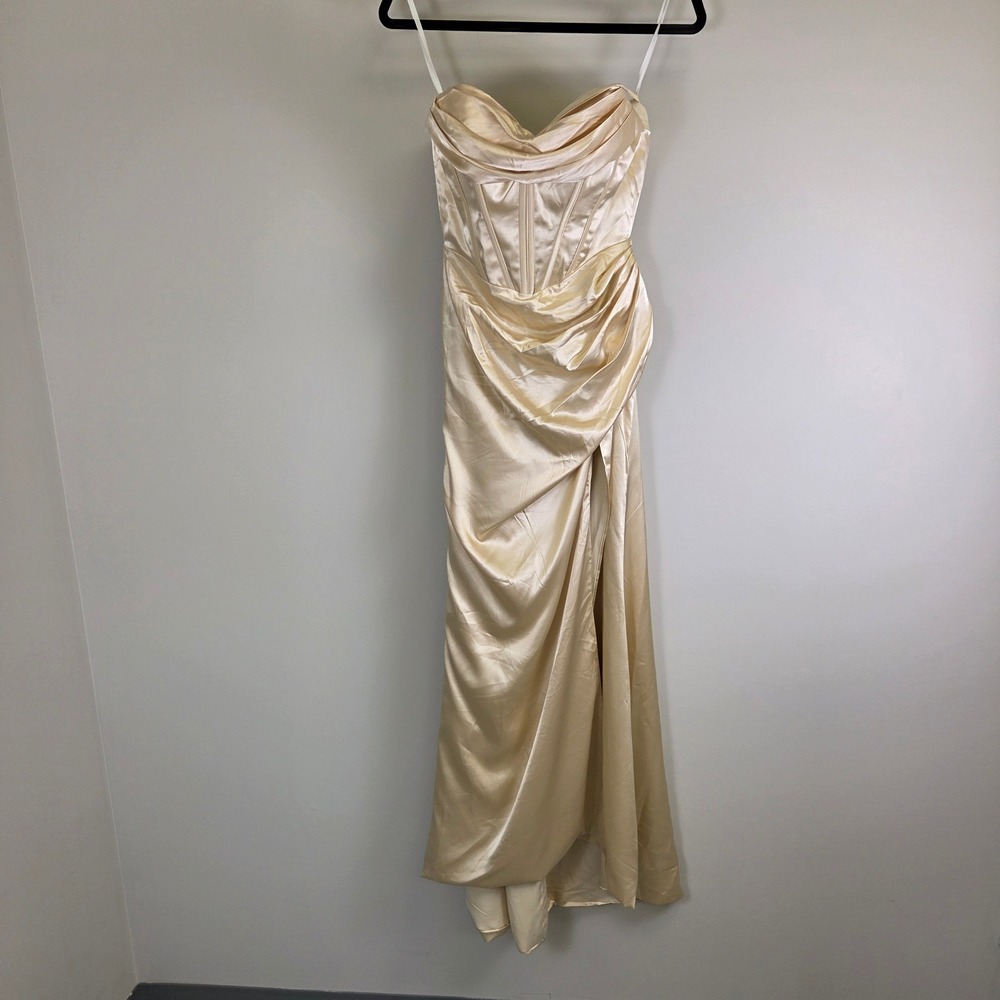 Champagne Satin Corset Maxi Dress Draped Sweetheart Lace Up Back Formal Gown